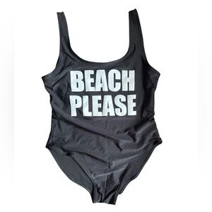 “Beach Please” Punny One-Piece Scoop Neck Swimsuit Black Size Large